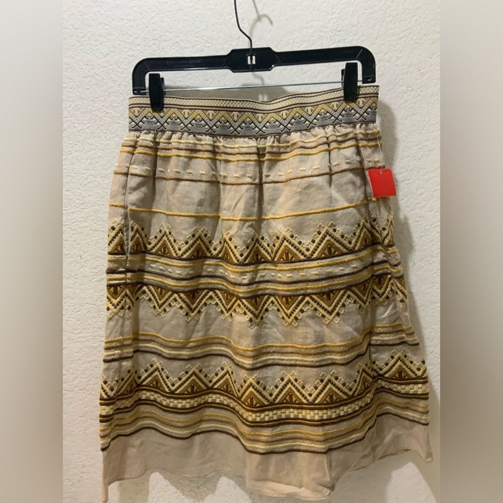Calypso St. Bart Bohemian Linen Patterned Tan/Brown Pull On Mini Skirt Sz XS